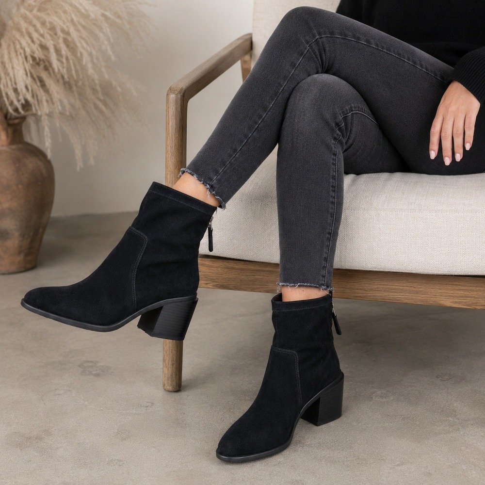 Vince Camuto Ankle Boots Kortimy Leather Suede Block Heel Black Women's 10 Wide